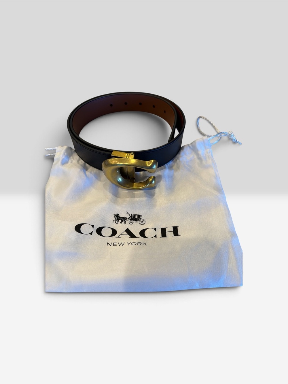 Coach Black and Brown Leather Belt with Gold 'C' Buckle